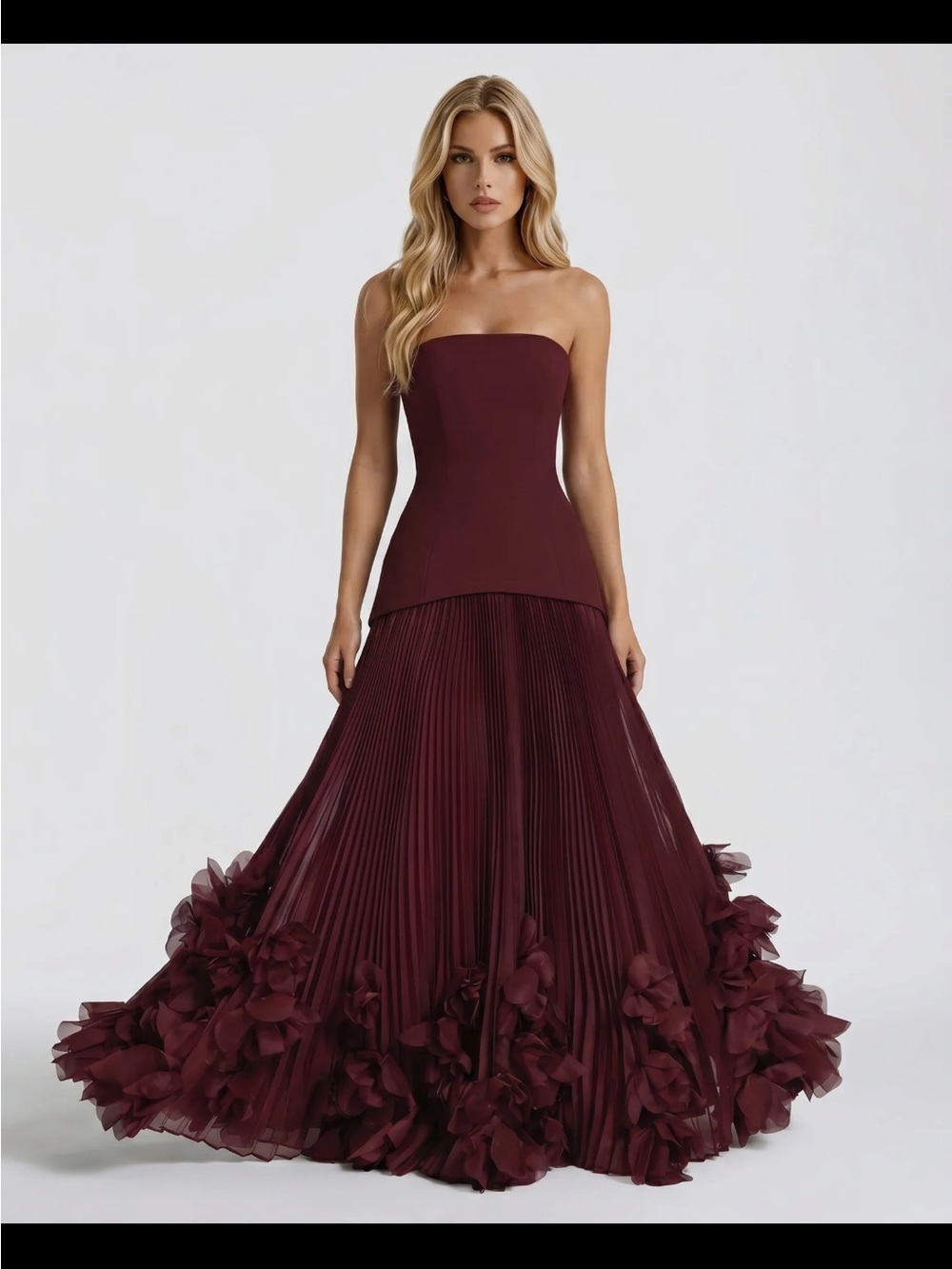 Elegant Strapless Burgundy Pleated Ball Gown
